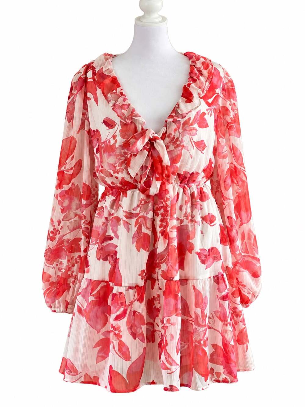 Mimi Chica Large Floral Ruffle Tie Front Long Sleeve Tiered Mini Dress